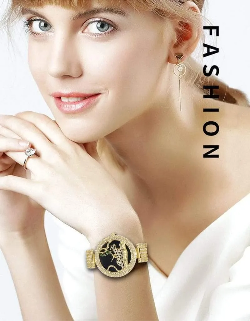 Frauen Luxus Marke Stil Mode Schwarz Leopard Gold Uhr Diamant Frauen Uhren Top Marke Weibliche Armbanduhr