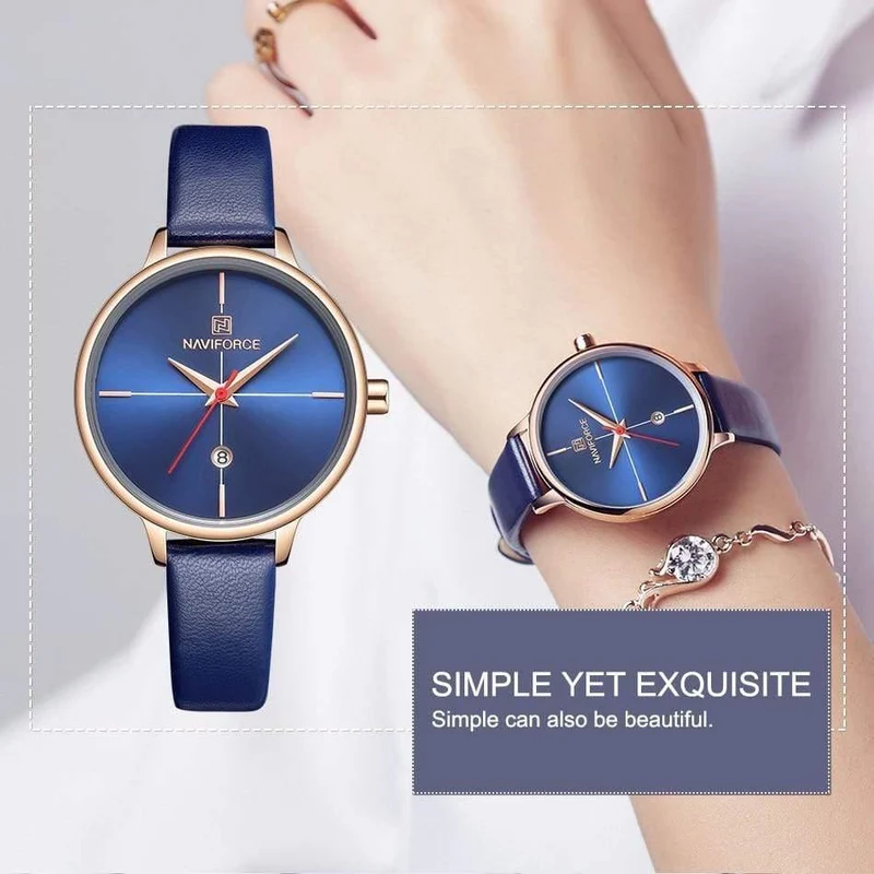 Frauen sehen Mode Quarz Lady Blue PU Armband Datum Casual 3ATM wasserdichte Armbanduhr Geschenk für Mädchen Frau Frau