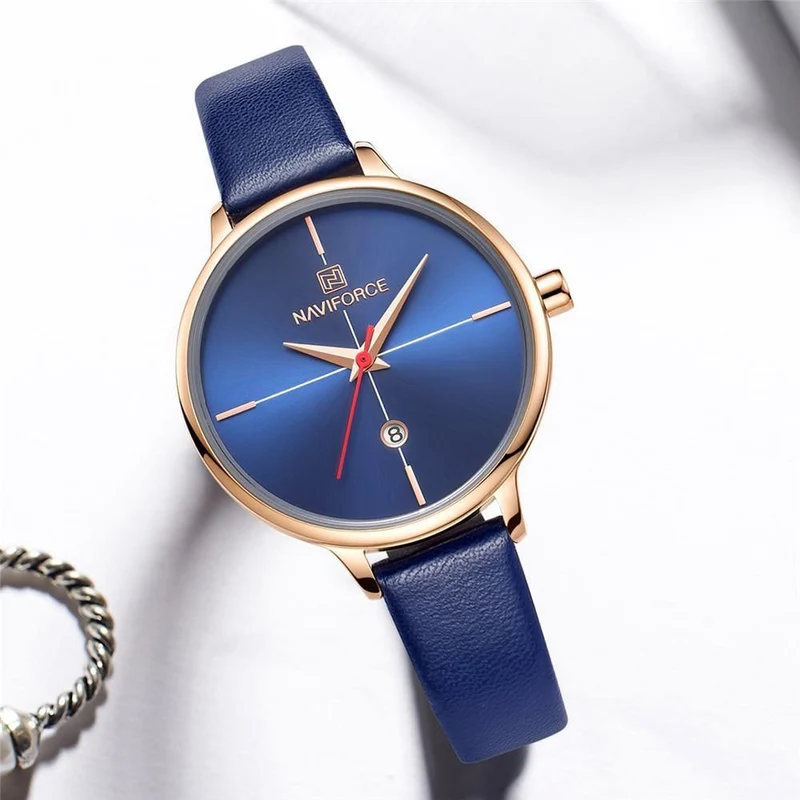 Frauen sehen Mode Quarz Lady Blue PU Armband Datum Casual 3ATM wasserdichte Armbanduhr Geschenk für Mädchen Frau Frau