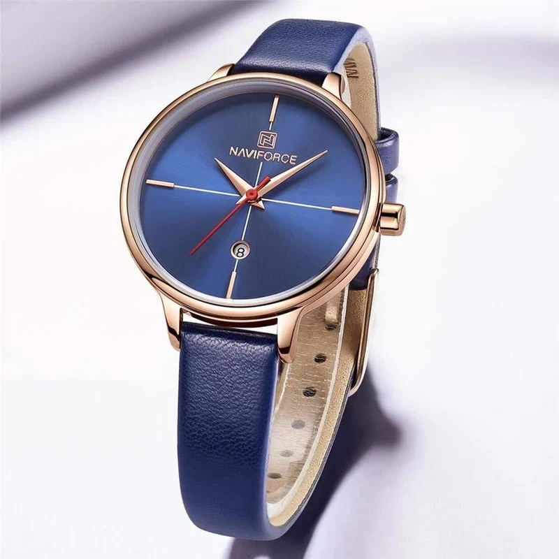 Frauen sehen Mode Quarz Lady Blue PU Armband Datum Casual 3ATM wasserdichte Armbanduhr Geschenk für Mädchen Frau Frau
