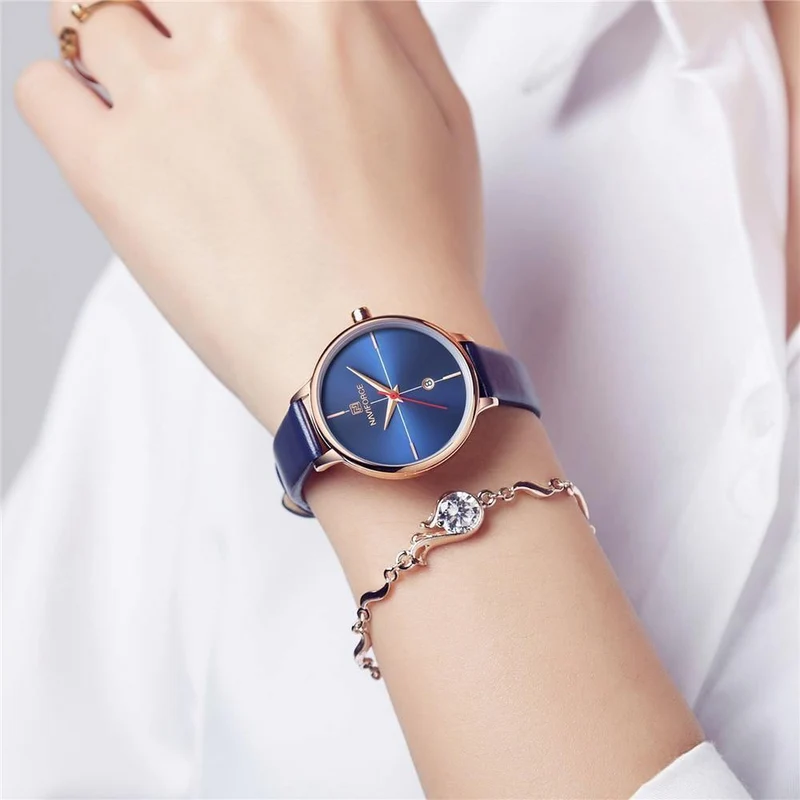 Frauen sehen Mode Quarz Lady Blue PU Armband Datum Casual 3ATM wasserdichte Armbanduhr Geschenk für Mädchen Frau Frau