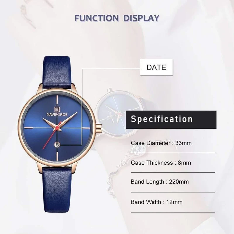 Frauen sehen Mode Quarz Lady Blue PU Armband Datum Casual 3ATM wasserdichte Armbanduhr Geschenk für Mädchen Frau Frau
