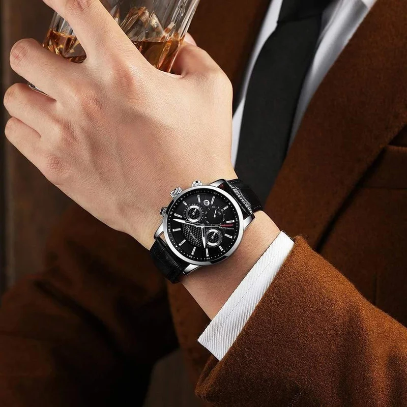 Herrenuhren, analoge Quarz-Armbanduhren, 30 m wasserdicht, Chronograph, Sport, Datum, Lederband, Uhren, montre homme