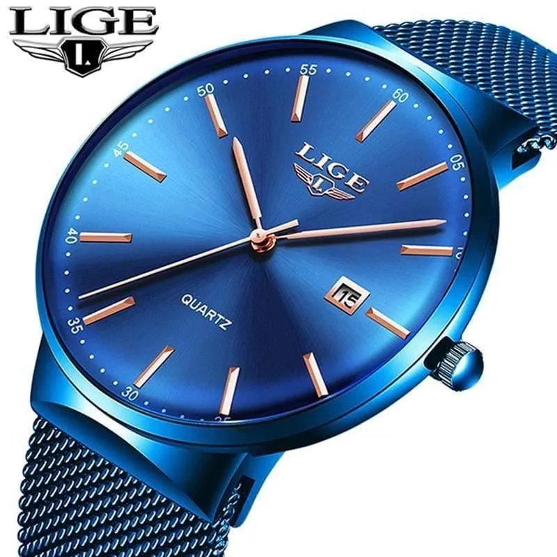 Herrenuhren, Top-Marke, Luxus-Modeuhr, schlankes Mesh-Datum, wasserdicht, Quarzuhr für Männer, blaue Uhr