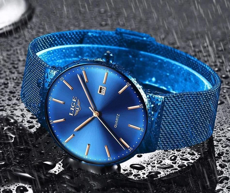 Herrenuhren, Top-Marke, Luxus-Modeuhr, schlankes Mesh-Datum, wasserdicht, Quarzuhr für Männer, blaue Uhr