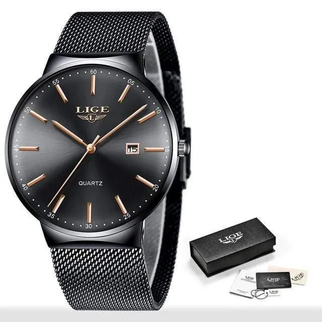 Herrenuhren, Top-Marke, Luxus-Modeuhr, schlankes Mesh-Datum, wasserdicht, Quarzuhr für Männer, blaue Uhr