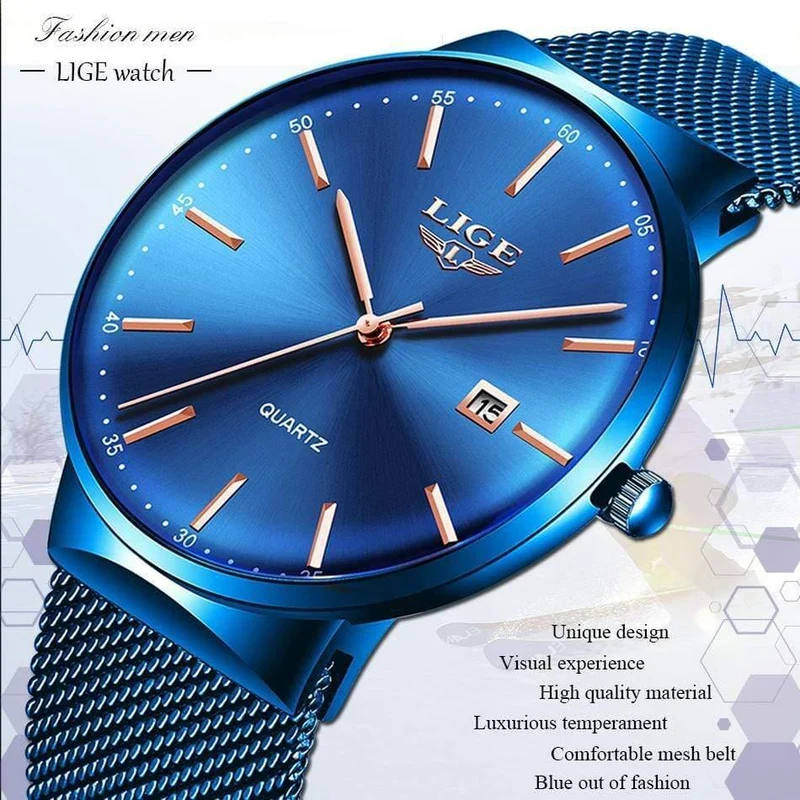 Herrenuhren, Top-Marke, Luxus-Modeuhr, schlankes Mesh-Datum, wasserdicht, Quarzuhr für Männer, blaue Uhr
