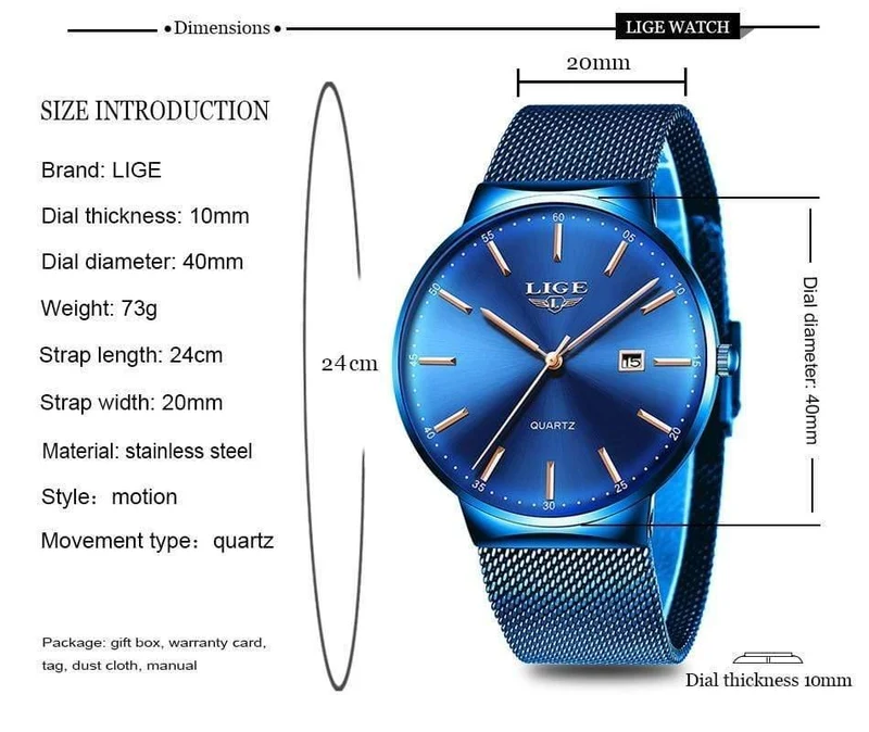 Herrenuhren, Top-Marke, Luxus-Modeuhr, schlankes Mesh-Datum, wasserdicht, Quarzuhr für Männer, blaue Uhr