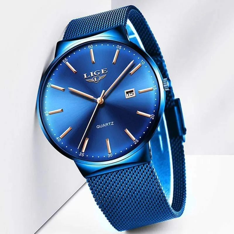 Herrenuhren, Top-Marke, Luxus-Modeuhr, schlankes Mesh-Datum, wasserdicht, Quarzuhr für Männer, blaue Uhr