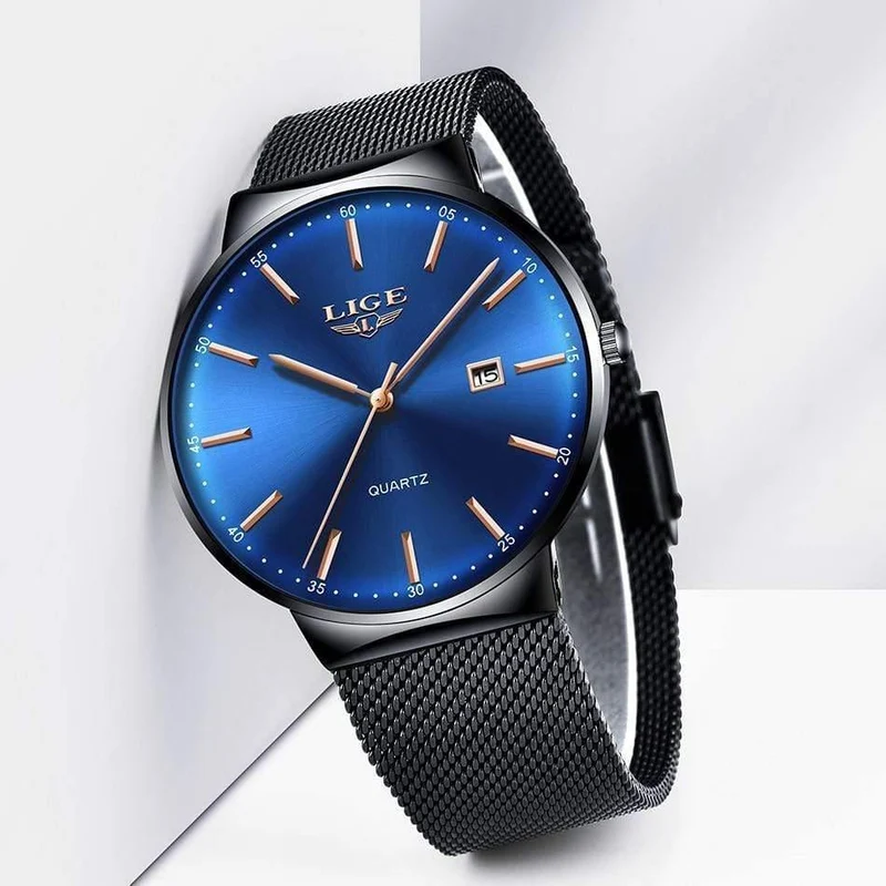 Herrenuhren, Top-Marke, Luxus-Modeuhr, schlankes Mesh-Datum, wasserdicht, Quarzuhr für Männer, blaue Uhr