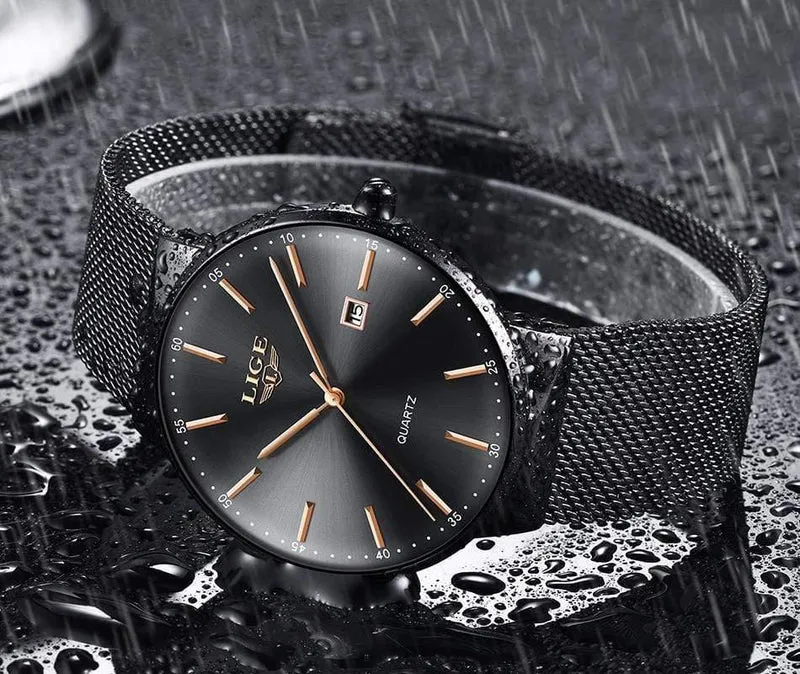 Herrenuhren, Top-Marke, Luxus-Modeuhr, schlankes Mesh-Datum, wasserdicht, Quarzuhr für Männer, blaue Uhr