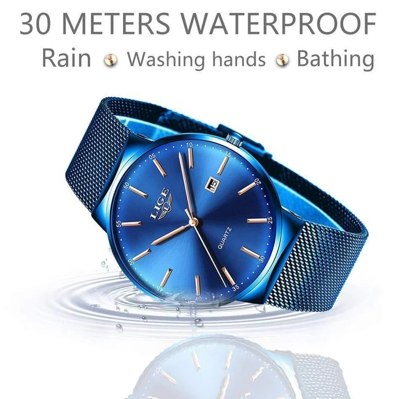 Herrenuhren, Top-Marke, Luxus-Modeuhr, schlankes Mesh-Datum, wasserdicht, Quarzuhr für Männer, blaue Uhr