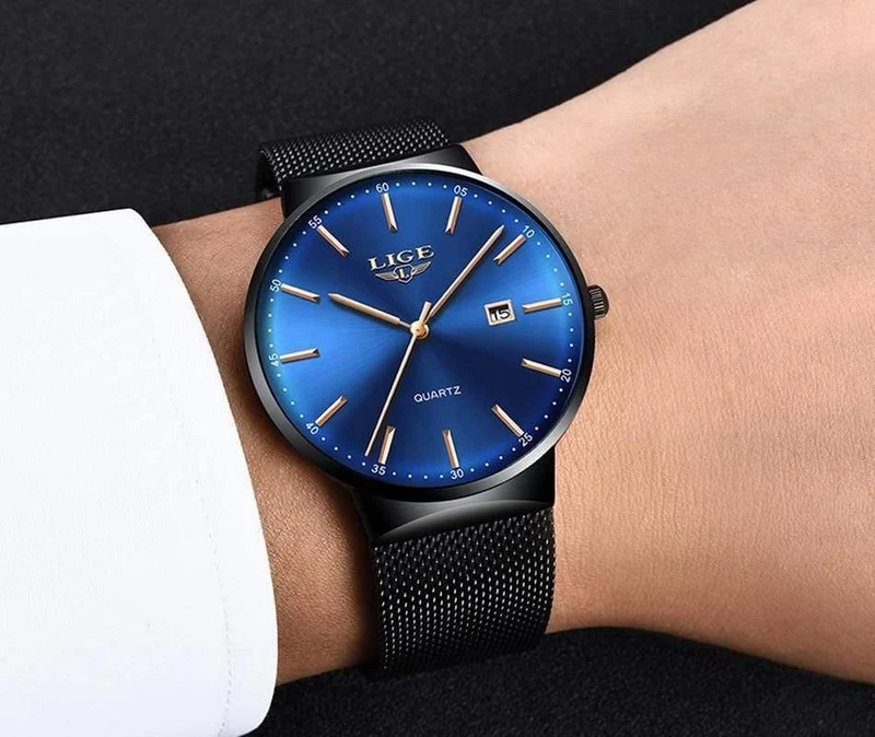 Herrenuhren, Top-Marke, Luxus-Modeuhr, schlankes Mesh-Datum, wasserdicht, Quarzuhr für Männer, blaue Uhr