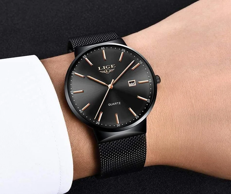 Herrenuhren, Top-Marke, Luxus-Modeuhr, schlankes Mesh-Datum, wasserdicht, Quarzuhr für Männer, blaue Uhr