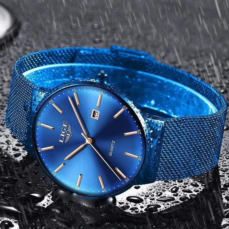 Herrenuhren, Top-Marke, Luxus-Modeuhr, schlankes Mesh-Datum, wasserdicht, Quarzuhr für Männer, blaue Uhr