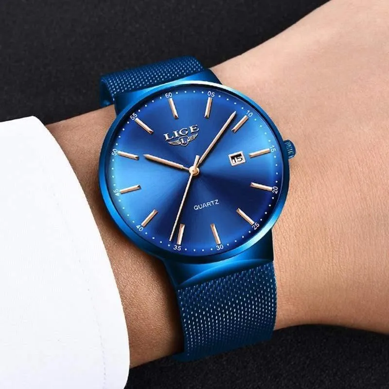 Herrenuhren, Top-Marke, Luxus-Modeuhr, schlankes Mesh-Datum, wasserdicht, Quarzuhr für Männer, blaue Uhr