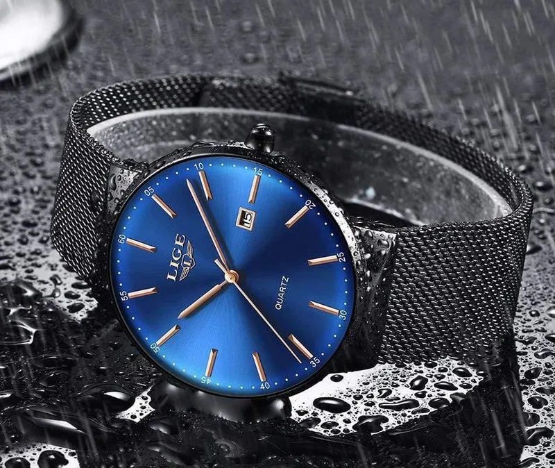 Herrenuhren, Top-Marke, Luxus-Modeuhr, schlankes Mesh-Datum, wasserdicht, Quarzuhr für Männer, blaue Uhr