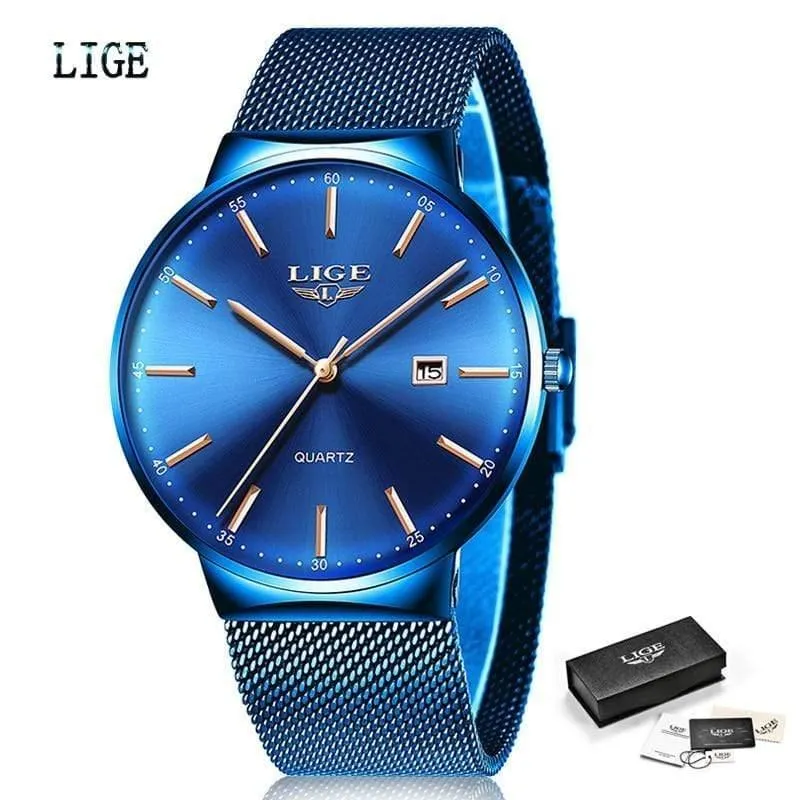 Herrenuhren, Top-Marke, Luxus-Modeuhr, schlankes Mesh-Datum, wasserdicht, Quarzuhr für Männer, blaue Uhr