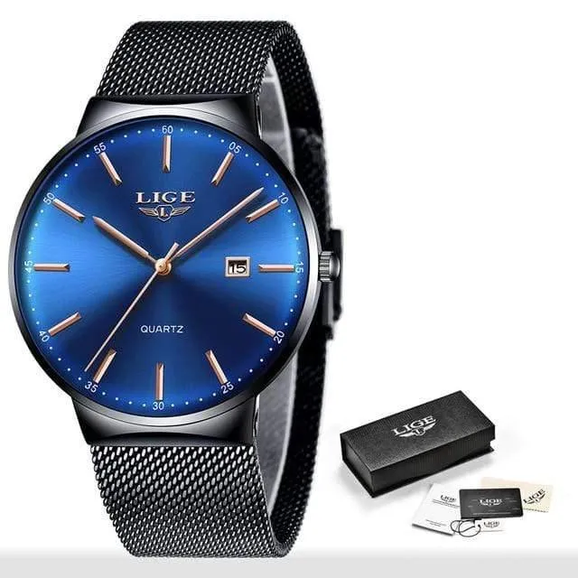 Herrenuhren, Top-Marke, Luxus-Modeuhr, schlankes Mesh-Datum, wasserdicht, Quarzuhr für Männer, blaue Uhr