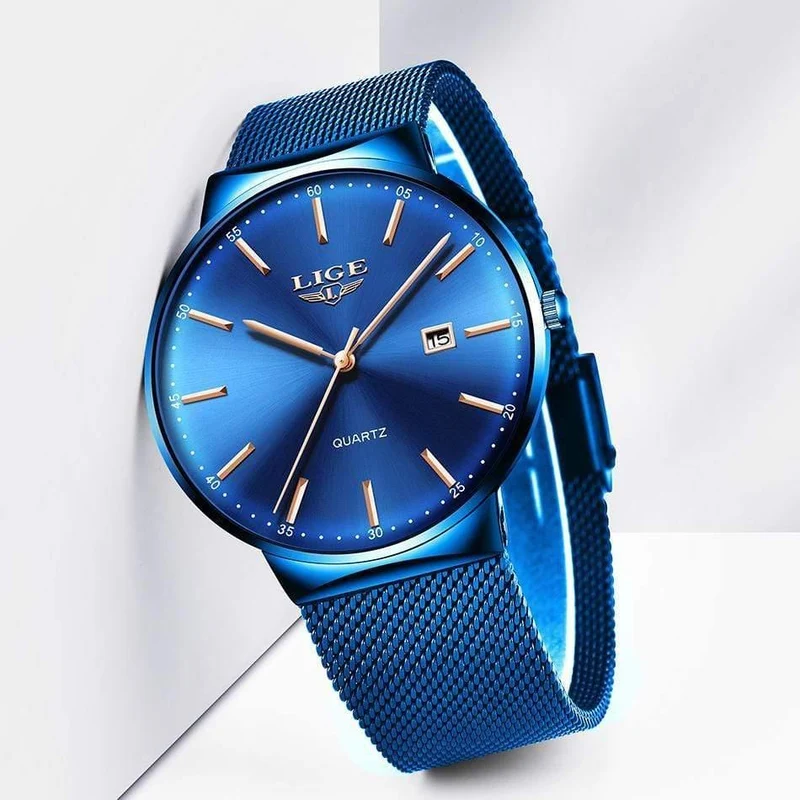 Herrenuhren, Top-Marke, Luxus-Modeuhr, schlankes Mesh-Datum, wasserdicht, Quarzuhr für Männer, blaue Uhr