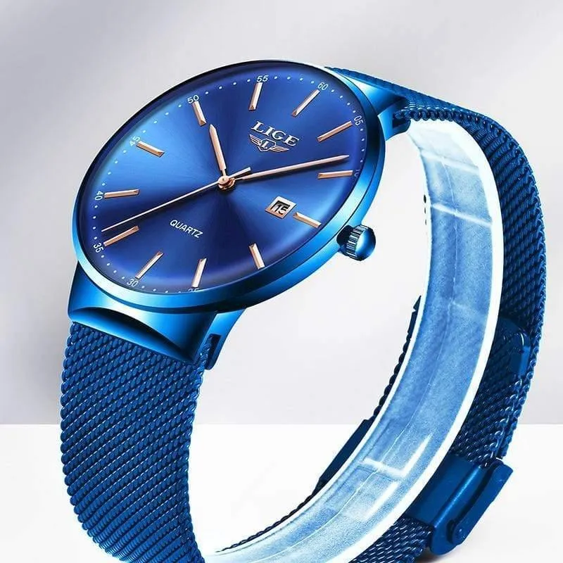 Herrenuhren, Top-Marke, Luxus-Modeuhr, schlankes Mesh-Datum, wasserdicht, Quarzuhr für Männer, blaue Uhr