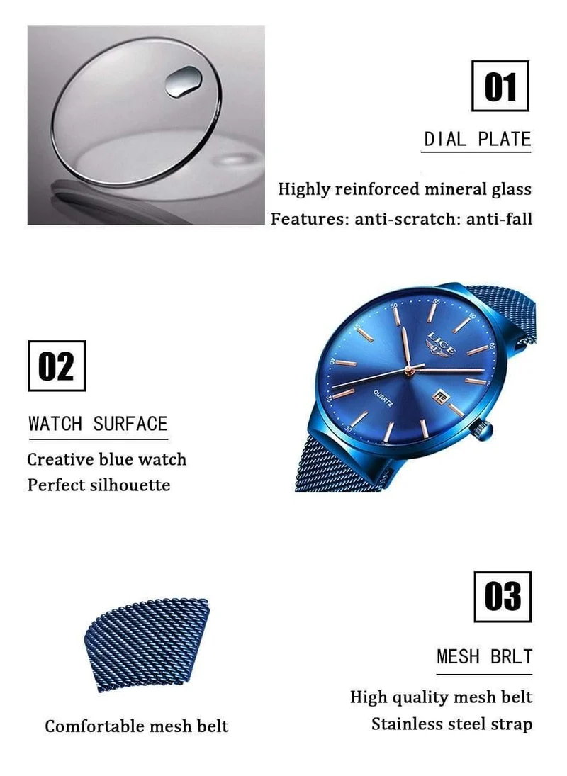 Herrenuhren, Top-Marke, Luxus-Modeuhr, schlankes Mesh-Datum, wasserdicht, Quarzuhr für Männer, blaue Uhr