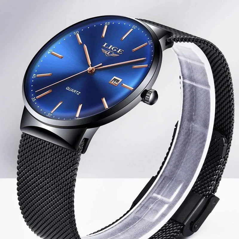 Herrenuhren, Top-Marke, Luxus-Modeuhr, schlankes Mesh-Datum, wasserdicht, Quarzuhr für Männer, blaue Uhr