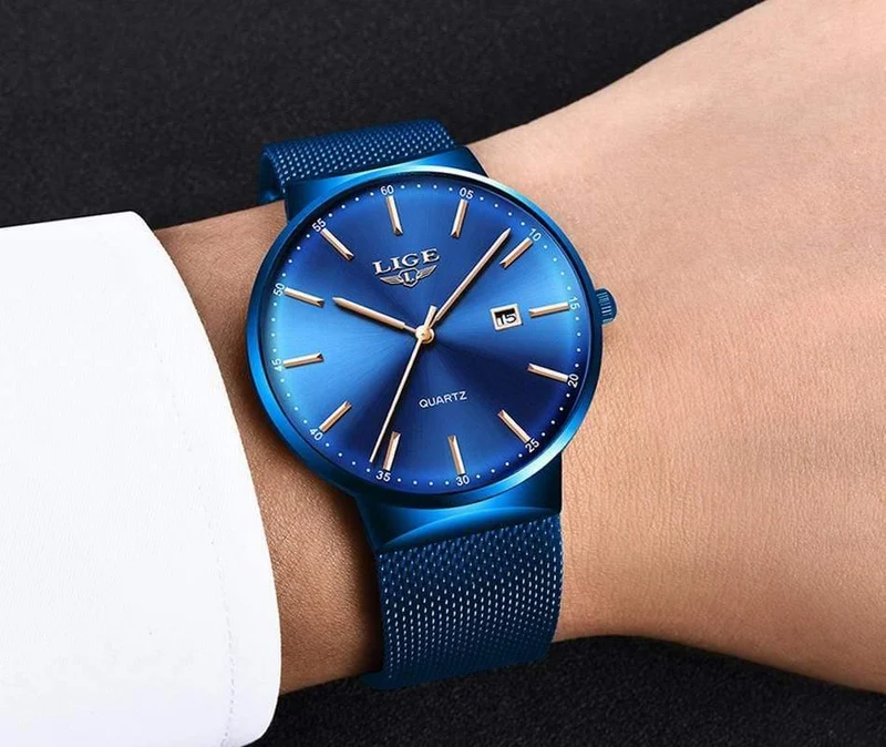 Herrenuhren, Top-Marke, Luxus-Modeuhr, schlankes Mesh-Datum, wasserdicht, Quarzuhr für Männer, blaue Uhr