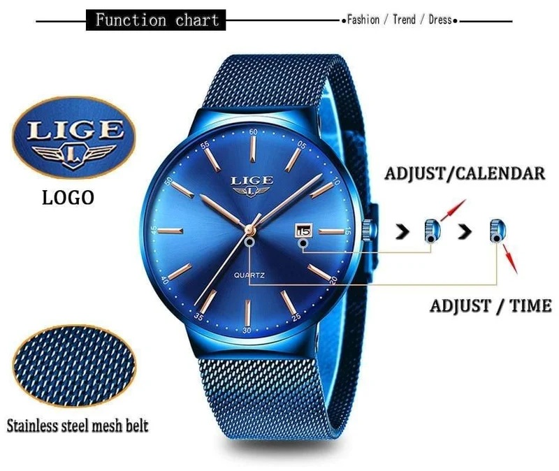 Herrenuhren, Top-Marke, Luxus-Modeuhr, schlankes Mesh-Datum, wasserdicht, Quarzuhr für Männer, blaue Uhr