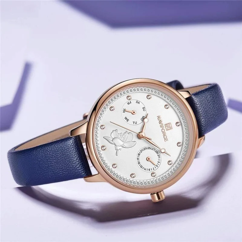Frauen sehen Mode Quarz Lady Lederarmband Datum Woche lässig wasserdichte Armbanduhr Geschenk für Mädchen New Blue