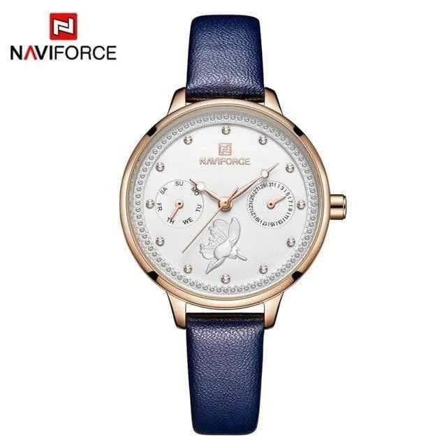 Frauen sehen Mode Quarz Lady Lederarmband Datum Woche lässig wasserdichte Armbanduhr Geschenk für Mädchen New Blue