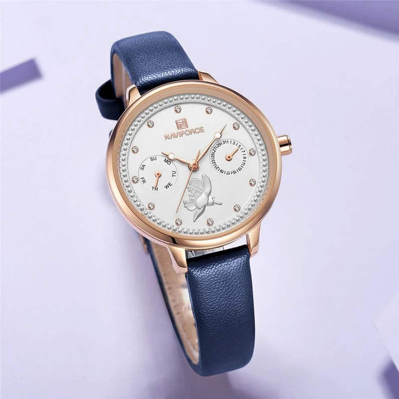 Frauen sehen Mode Quarz Lady Lederarmband Datum Woche lässig wasserdichte Armbanduhr Geschenk für Mädchen New Blue