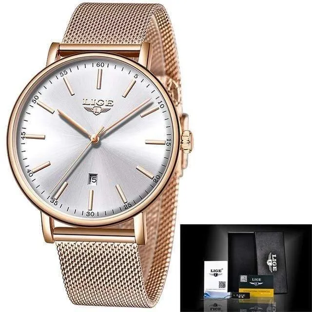 Frauen Uhren Top Marke Luxus Damen Mesh Gürtel ultradünne Uhr Edelstahl Wasserdichte Uhr Quarzuhr Reloj Mujer