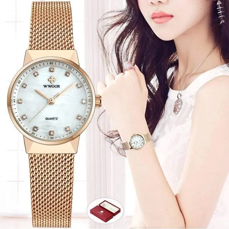 Frauen Uhren Quarz Wasserdicht Rose Gold Kleid Damen Uhr Frauen Marke Luxus Mesh Armband Armbanduhr Relogio feminino