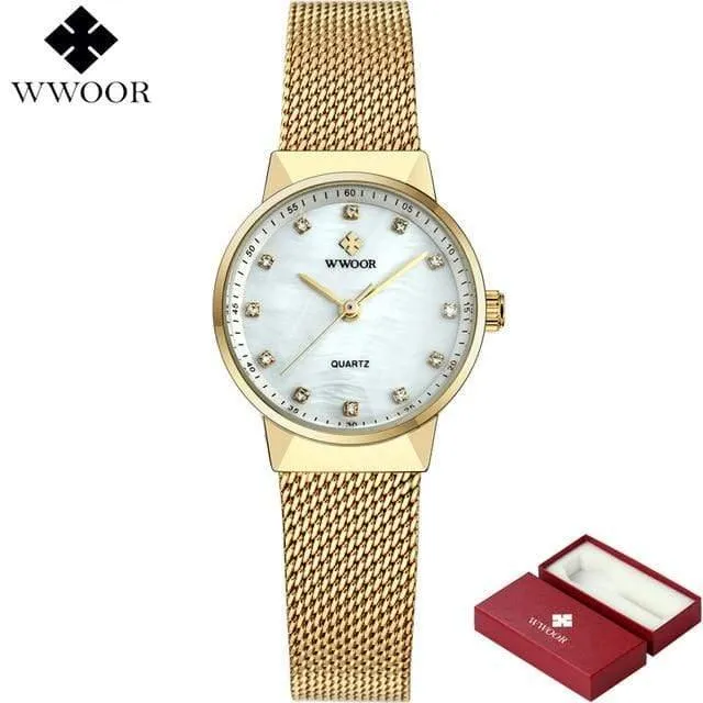 Frauen Uhren Quarz Wasserdicht Rose Gold Kleid Damen Uhr Frauen Marke Luxus Mesh Armband Armbanduhr Relogio feminino