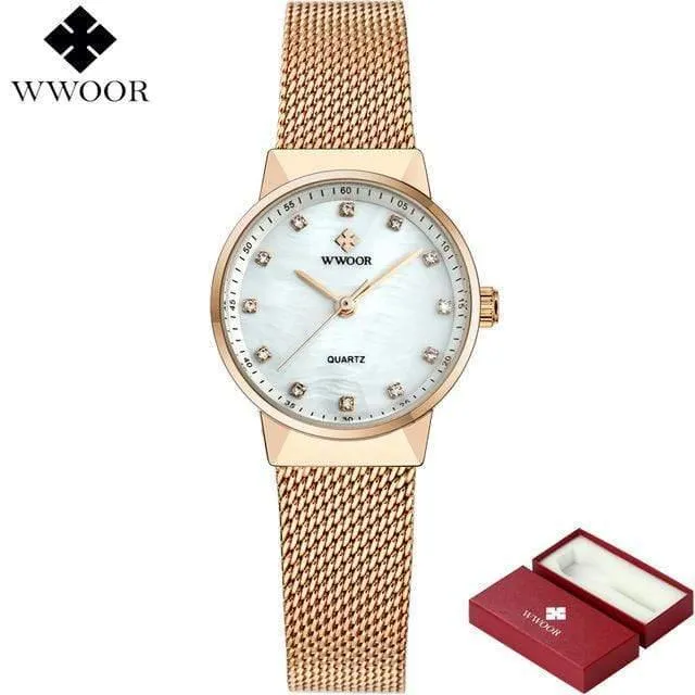 Frauen Uhren Quarz Wasserdicht Rose Gold Kleid Damen Uhr Frauen Marke Luxus Mesh Armband Armbanduhr Relogio feminino