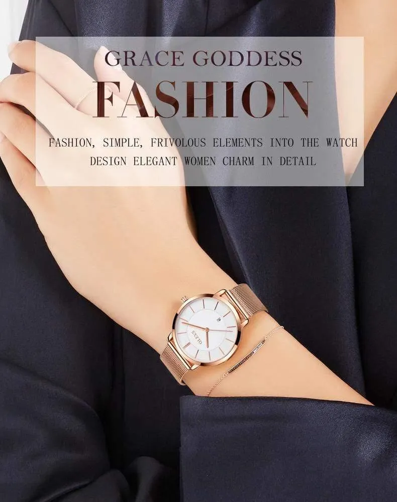 Damenuhr Marke Luxus Frauen Uhren Wasserdicht Rose Gold Edelstahl Quarz Kalender Armbanduhr montre femme