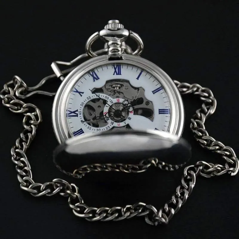 Silber Edelstahl Classic Full Hunter Mechanische Taschenuhr Steampunk Handwind Männer Frauen Uhr Geschenke