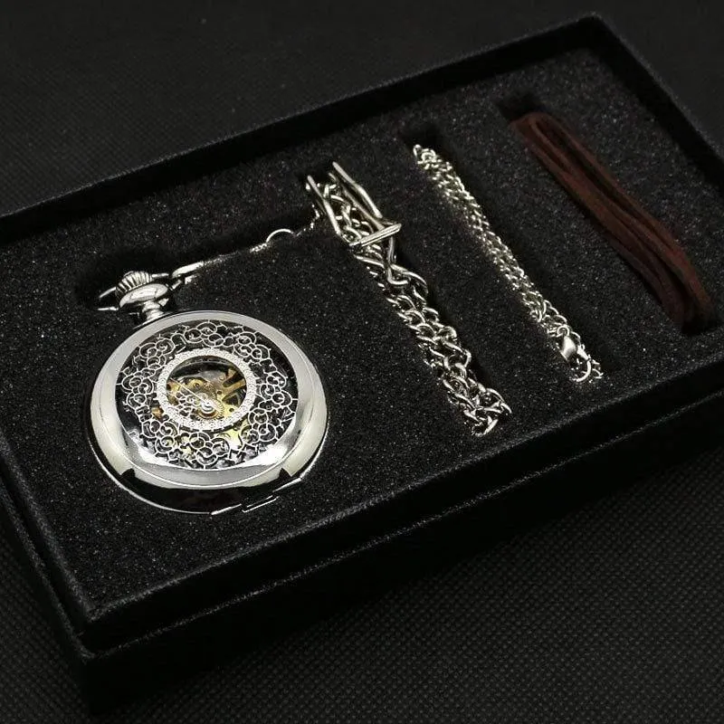 Hohlblume Silber Handaufzug mechanische Taschenuhr Mens Womens Box Bag