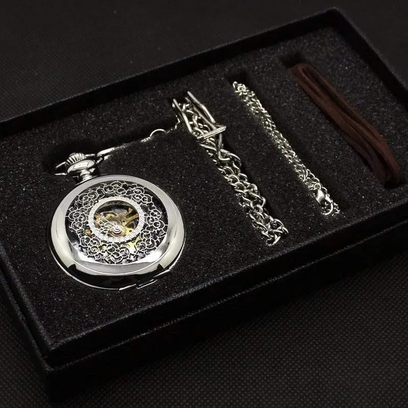 Hohlblume Silber Handaufzug mechanische Taschenuhr Mens Womens Box Bag