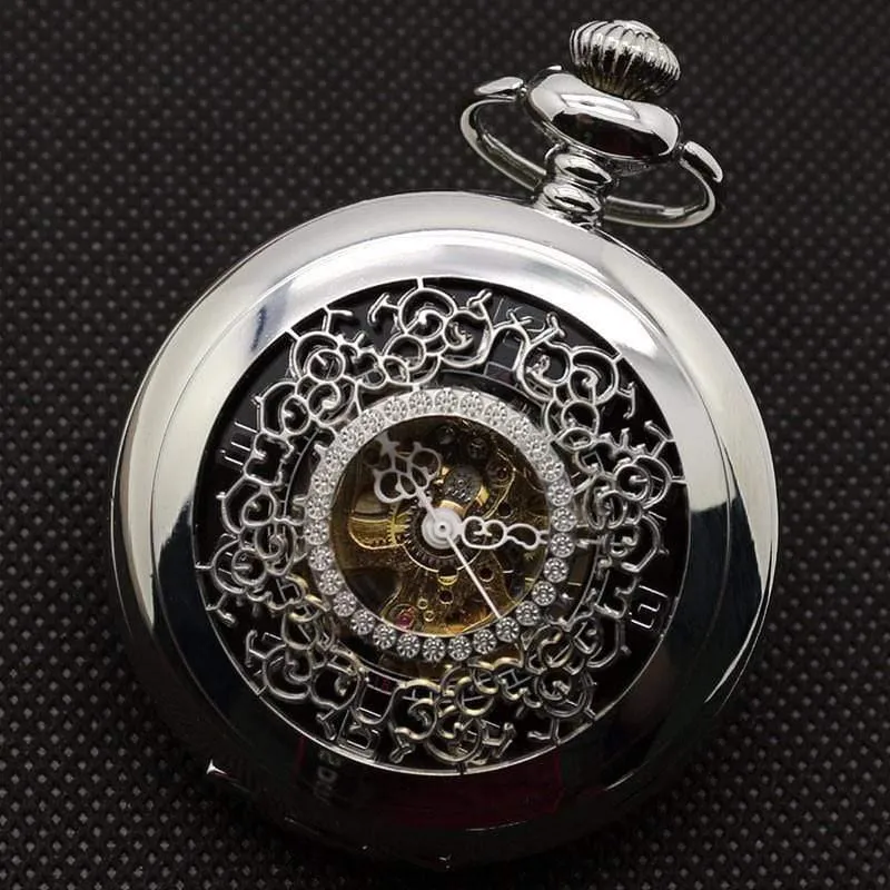 Hohlblume Silber Handaufzug mechanische Taschenuhr Mens Womens Box Bag