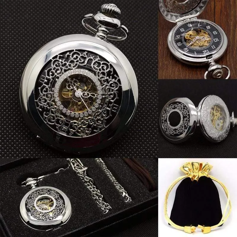 Hohlblume Silber Handaufzug mechanische Taschenuhr Mens Womens Box Bag