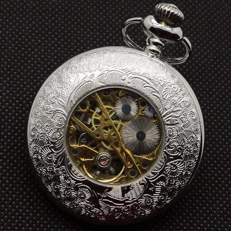Hohlblume Silber Handaufzug mechanische Taschenuhr Mens Womens Box Bag