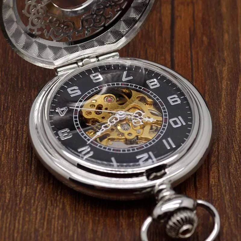 Hohlblume Silber Handaufzug mechanische Taschenuhr Mens Womens Box Bag