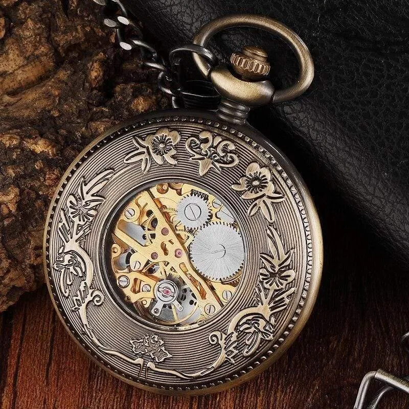 Mechanische Taschenuhr Herren Unique Hollow Steampunk Bronze Mechanische Uhren Kette