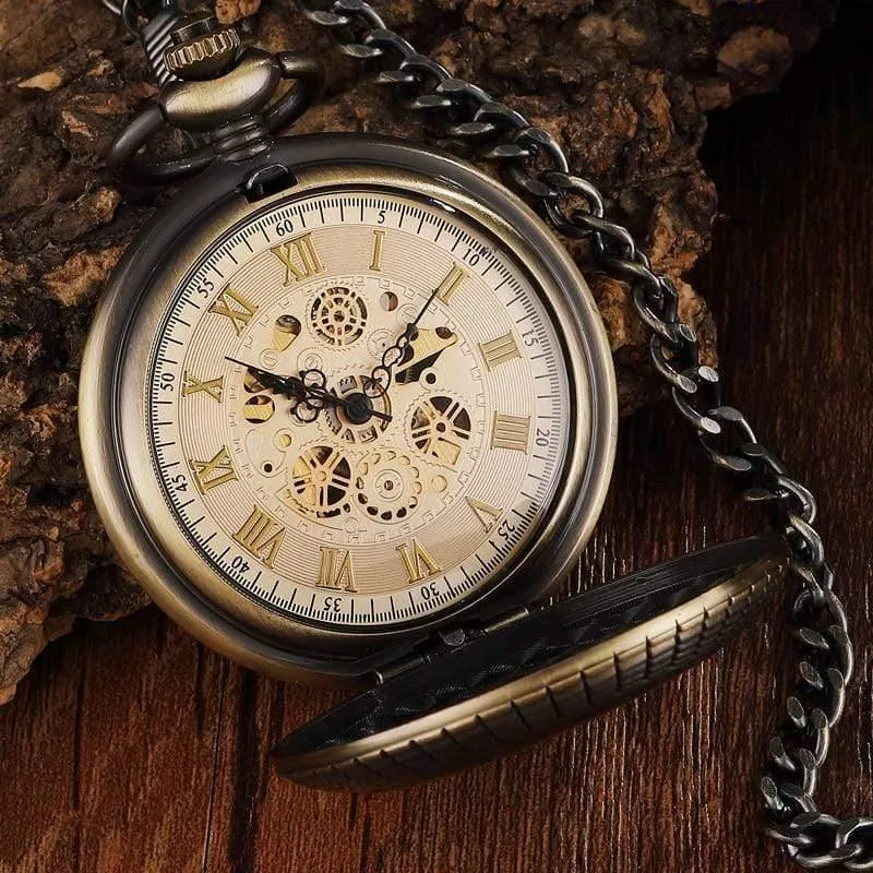 Mechanische Taschenuhr Herren Unique Hollow Steampunk Bronze Mechanische Uhren Kette