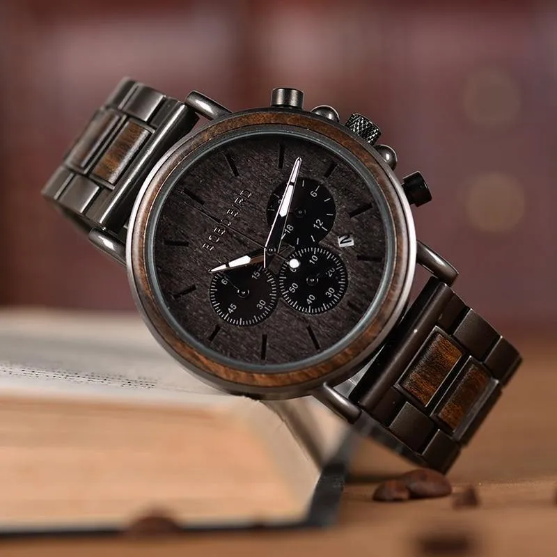 Holz Edelstahl Herrenuhr Stilvolle Holzuhren Chronograph Quarzuhren relogio masculino W-Q26