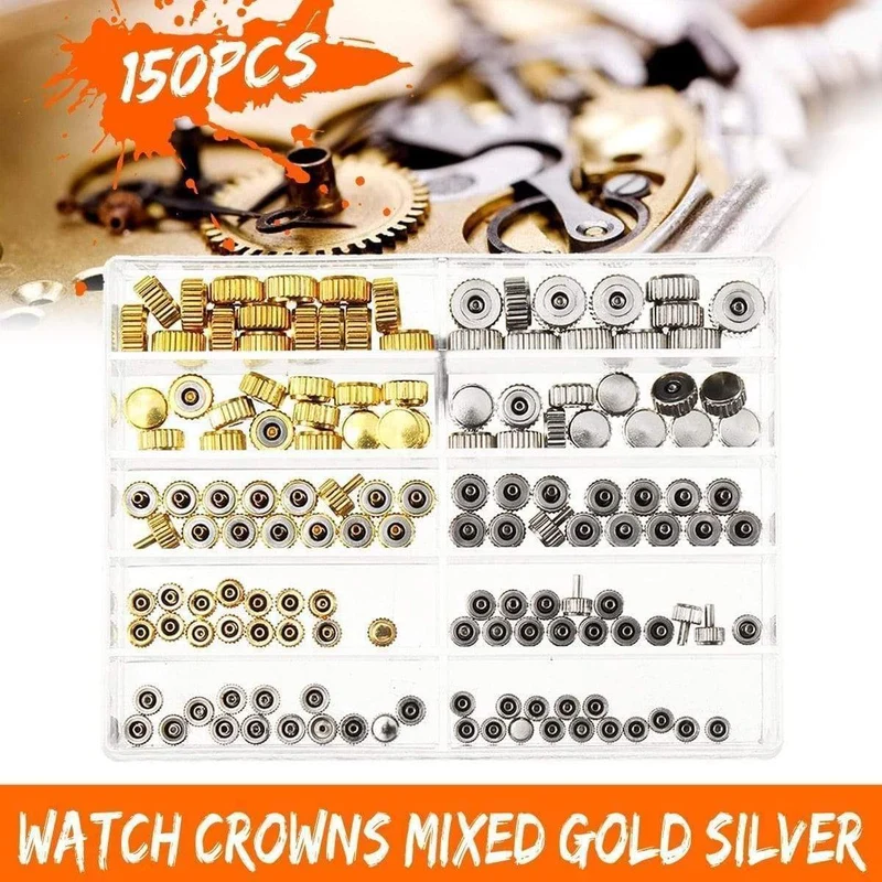 Uhrenkronen-Ersatzteile, verschiedene Gold- und Silberkuppel-Flachkopf-Uhrenzubehör-Reparatur-Werkzeugsatz für Uhrmacher