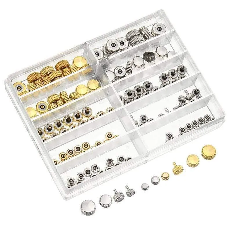 Uhrenkronen-Ersatzteile, verschiedene Gold- und Silberkuppel-Flachkopf-Uhrenzubehör-Reparatur-Werkzeugsatz für Uhrmacher