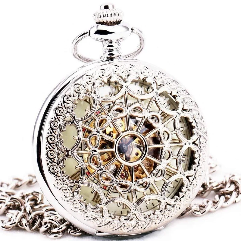 Edelstahl Unisex Barock Frauen Automatische Mechanische Taschenuhr Hohldeckel Kette Luxus Taschenuhren
